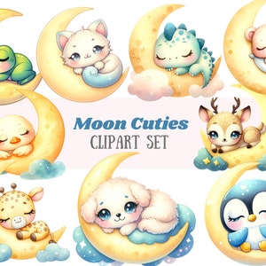 Acuarela Sleepy Moon Animal Clipart Vivero Bebé Animal PNG Descarga de imagen digital para hacer tarjetas Scrapbook Junk Journal Paper Craft
