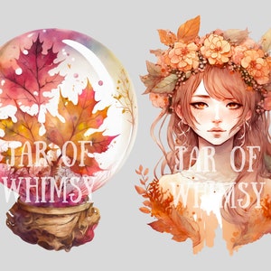 K&ouml;nnte beinhalten: Aquarellillustration mit einer Schneekugel mit Herbstbl&auml;ttern und einer Frau mit Blumenkranz. Der Text "JAR OF WHIMSY" ist auf beiden Bildern zu sehen. Die Farbpalette umfasst Orange-, Rot- und Braunt&ouml;ne.