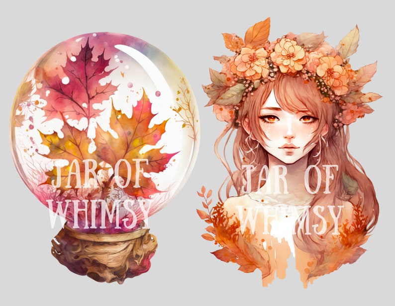 K&ouml;nnte beinhalten: Aquarellillustration mit einer Schneekugel mit Herbstbl&auml;ttern und einer Frau mit Blumenkranz. Der Text "JAR OF WHIMSY" ist auf beiden Bildern zu sehen. Die Farbpalette umfasst Orange-, Rot- und Braunt&ouml;ne.