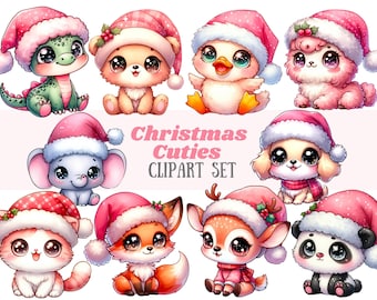 Peut inclure: Un ensemble de 10 images clipart numériques représentant de mignons animaux de dessin animé portant des bonnets de Père Noël. Les animaux comprennent un renard, un cerf, un panda, un chat, un chien, un canard, un lama, un éléphant, un dinosaure et un ours. Les images sont parfaites pour créer des cartes de Noël, des invitations et d'autres projets festifs.