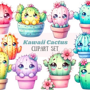 Aquarelle Kawaii Cactus Clipart Cactus mignon plante en pot PNG Image numérique à télécharger pour la fabrication de cartes Scrapbook Junk Journal travaux manuels en papier