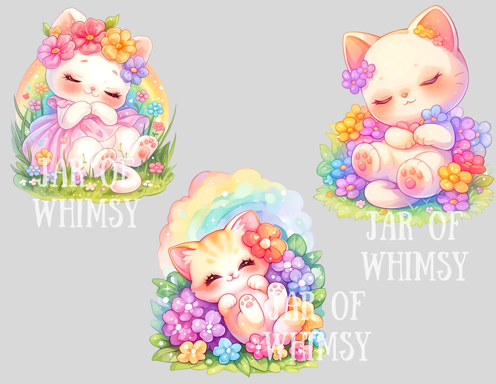 Watercolour Kawaii Spring Cat Clipart Cute Chibi Cat PNG Digital Image ...