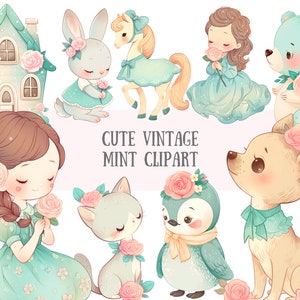 Aquarelle mignon vintage menthe Clipart bébé bleu fille PNG Image numérique à télécharger pour la fabrication de cartes Scrapbook Junk Journal travaux manuels en papier