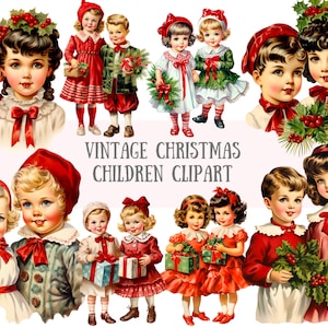 Acquerello Vintage Natale Bambini Clipart Vacanze Bambini PNG Download di immagini digitali per la creazione di cartoline Scrapbook Junk Journal Mestieri di carta