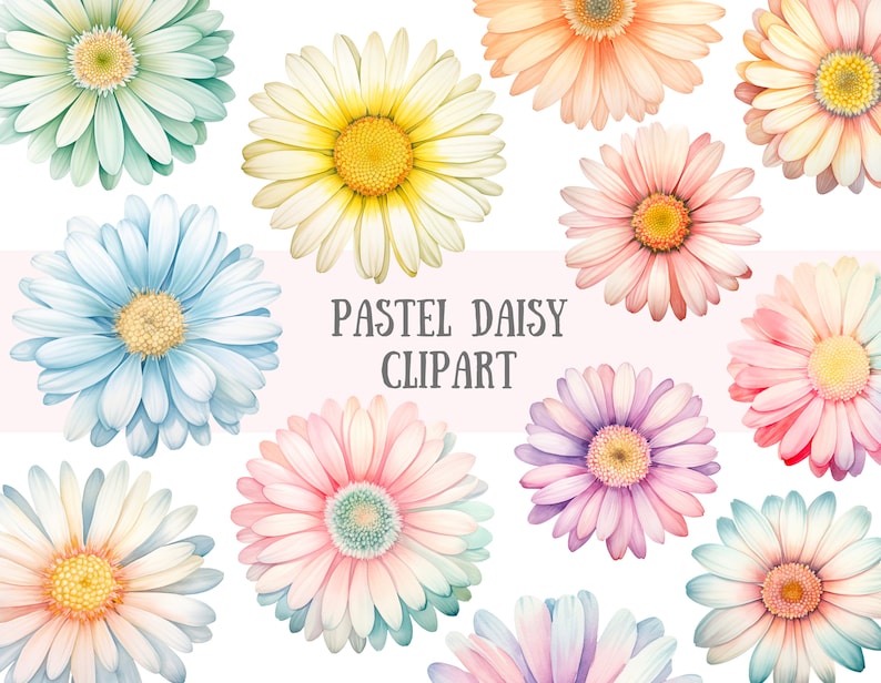May include: A set of ten pastel colored daisy flower illustrations. The daisies are in shades of blue, yellow, pink, and purple. The flowers are arranged in a random pattern on a white background. The text "Pastel Daisy Clipart" is written in black text at the top of the image.