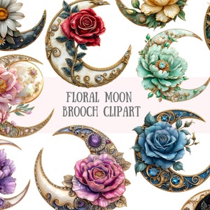 Acuarela Floral Luna Broche Clipart Joyería Floral PNG Descargas de imágenes digitales para hacer tarjetas Scrapbook Junk Journal Paper Crafts