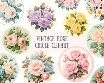 Watercolour Vintage Rose Circle Clipart Rose Illustration PNG Digital Image Downloads for Card Making Scrapbook Junk Journal Paper Crafts