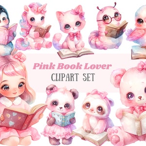 Amoureux des livres rose aquarelle Clipart rat de bibliothèque animaux PNG Image numérique à télécharger pour la fabrication de cartes Scrapbooking Journal indésirable artisanat en papier