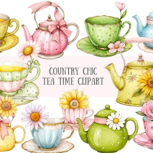 Aquarell Land Chic Tea Time Clipart hübsche Teeparty PNG digitale Bild-Downloads für die Kartenherstellung Scrapbook Junk Journal Papierhandwerk