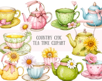 Watercolour Country Chic Tea Time Clipart Pretty Tea Party PNG Digital Image Downloads for Card Making Scrapbook Junk Journal Paper Crafts