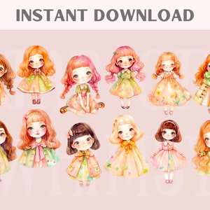 Akvarell Kawaii Spring Girl Clipart Söt Chibi Anime Girl PNG Digitala Bildnedladdningar för Korttillverkning Scrapbook Junk Journal Papperspyssel bild 2