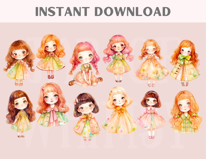 Akvarell Kawaii Spring Girl Clipart Söt Chibi Anime Girl PNG Digitala Bildnedladdningar för Korttillverkning Scrapbook Junk Journal Papperspyssel bild 2