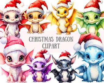 Acuarela Navidad Dragón Clipart Fantasía Navidad PNG Descargas de imágenes digitales para hacer tarjetas Scrapbook Junk Journal Paper Craft