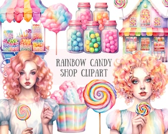 May include: A watercolor illustration of a rainbow candy shop with a girl holding a lollipop. The shop has a striped awning and windows filled with colorful candies. There are jars of candy, cotton candy, and lollipops in the image. The text "RAINBOW CANDY SHOP CLIPART" is written below the shop.