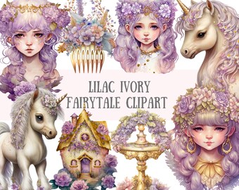 Watercolour Lilac Ivory Fairytale Clipart - Unicorn Fantasy PNG Digital Image Downloads for Card Making, Scrapbook, Junk Journal, Crafts