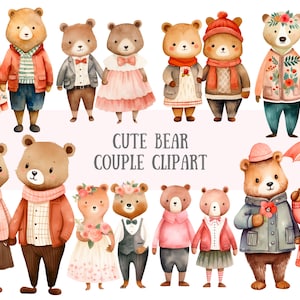 Aquarell niedlichen Bären Paar Clipart Valentinstag Bären PNG digitale Bild-Download für die Kartenherstellung Scrapbook Junk Journal Papier Handwerk