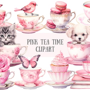 Acquerello rosa Tea Time Clipart Teacup Tea Party PNG Download di immagini digitali per la realizzazione di cartoline Scrapbook Junk Journal Paper Crafts
