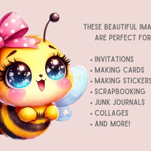 Peut inclure: Une abeille de dessin anim&eacute; mignonne avec de grands yeux bleus, un n&oelig;ud rose &agrave; pois blancs et des rayures jaunes et noires. L'abeille a une aile bleu clair et blanche de chaque c&ocirc;t&eacute;.