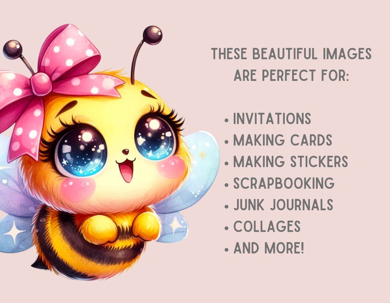 Peut inclure: Une abeille de dessin anim&eacute; mignonne avec de grands yeux bleus, un n&oelig;ud rose &agrave; pois blancs et des rayures jaunes et noires. L'abeille a une aile bleu clair et blanche de chaque c&ocirc;t&eacute;.