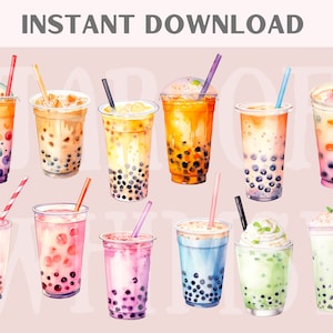 May include: A set of 12 watercolor illustrations of bubble tea drinks in various colors and flavors. The drinks are in clear plastic cups with colorful straws and topped with boba pearls, whipped cream, and other toppings.