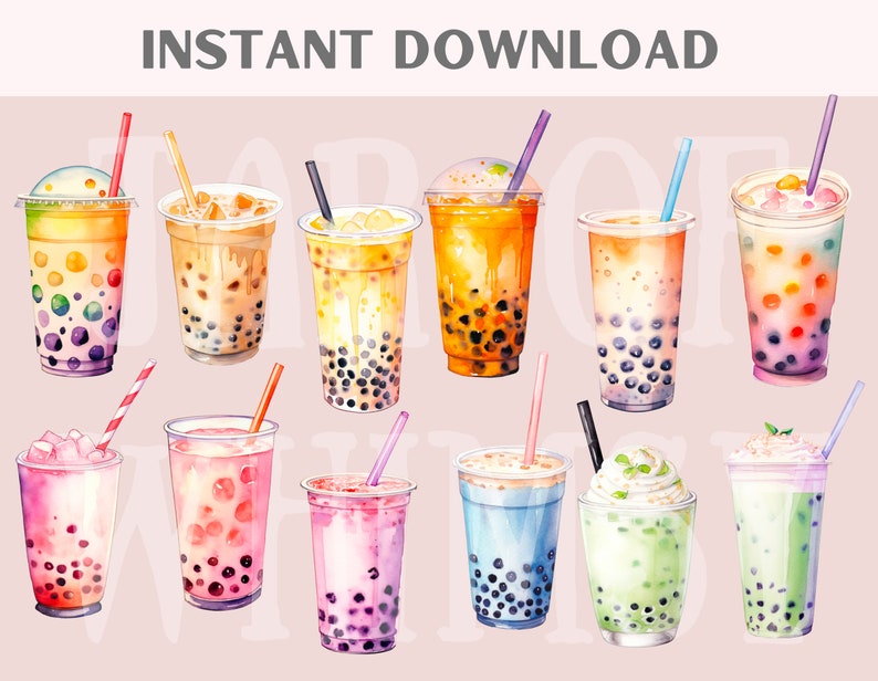 May include: A set of 12 watercolor illustrations of bubble tea drinks in various colors and flavors. The drinks are in clear plastic cups with colorful straws and topped with boba pearls, whipped cream, and other toppings.