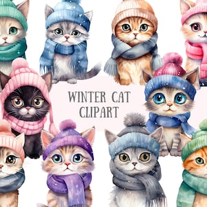 Aquarelle hiver chat Clipart Kawaii chats PNG Image numérique à télécharger pour la fabrication de cartes Scrapbook Junk Journal travaux manuels en papier