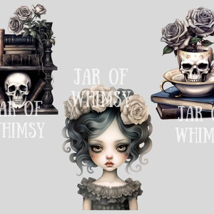 Puede incluir: Tres ilustraciones digitales que representan una calavera, una ni&ntilde;a con una corona de flores y una calavera en una taza de t&eacute;. Cada ilustraci&oacute;n tiene el texto "Jar of Whimsy" debajo.