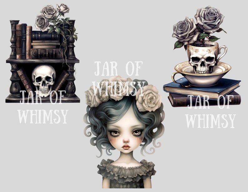 Puede incluir: Tres ilustraciones digitales que representan una calavera, una ni&ntilde;a con una corona de flores y una calavera en una taza de t&eacute;. Cada ilustraci&oacute;n tiene el texto "Jar of Whimsy" debajo.