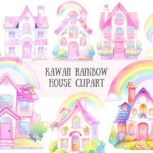 Akwarela Kawaii Rainbow House Clipart Cute Housewarming PNG Pobieranie obrazów cyfrowych do tworzenia kartek Scrapbook Junk Journal Paper Crafts