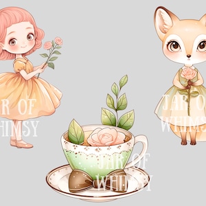 Puede incluir: Una ilustraci&oacute;n digital de una ni&ntilde;a con un vestido amarillo sosteniendo un ramo de rosas rosas, un zorro con un vestido verde claro sosteniendo una rosa rosa y una taza de t&eacute; con una rosa rosa en un platillo. El texto "JAR OF WHIMSY" aparece tres veces en la imagen.