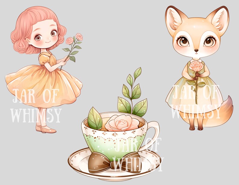 Puede incluir: Una ilustraci&oacute;n digital de una ni&ntilde;a con un vestido amarillo sosteniendo un ramo de rosas rosas, un zorro con un vestido verde claro sosteniendo una rosa rosa y una taza de t&eacute; con una rosa rosa en un platillo. El texto "JAR OF WHIMSY" aparece tres veces en la imagen.