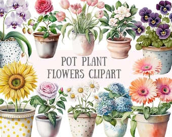 Watercolour Pot Plant Flowers Clipart - Houseplant Love PNG Digital Image Downloads for Card Making, Scrapbook, Junk Journal, Paper Crafts