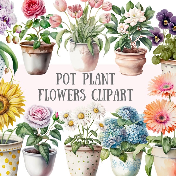 Watercolour Pot Plant Flowers Clipart - Houseplant Love PNG Digital Image Downloads for Card Making, Scrapbook, Junk Journal, Paper Crafts