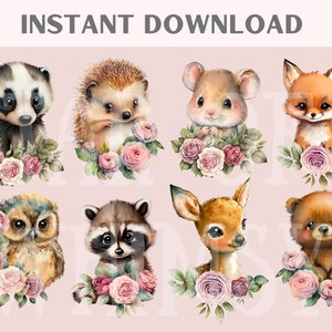 May include: A set of eight watercolor illustrations of woodland animals with pink roses. The animals include a badger, hedgehog, mouse, fox, owl, raccoon, deer, and bear.