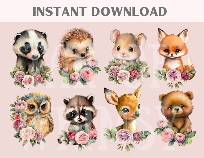 May include: A set of eight watercolor illustrations of woodland animals with pink roses. The animals include a badger, hedgehog, mouse, fox, owl, raccoon, deer, and bear.