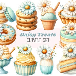 Aquarel Daisy Sweet Treat Clipart Lente Desserts PNG Digitale beelddownloads voor kaarten maken Scrapbook Junk Journal Paper Crafts