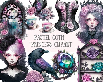 Watercolour Pastel Goth Princess Clipart - Dark Fairytale Fantasy PNG Digital Image Downloads for Card Making, Scrapbook Junk Journal Crafts