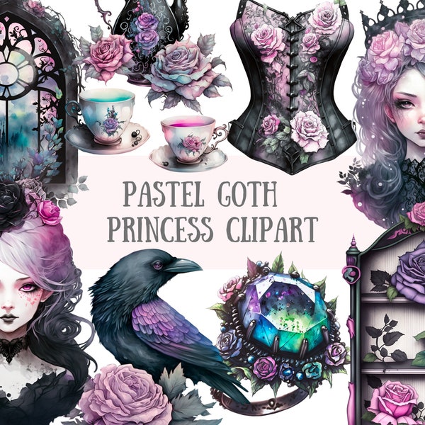 Watercolour Pastel Goth Princess Clipart - Dark Fairytale Fantasy PNG Digital Image Downloads for Card Making, Scrapbook Junk Journal Crafts