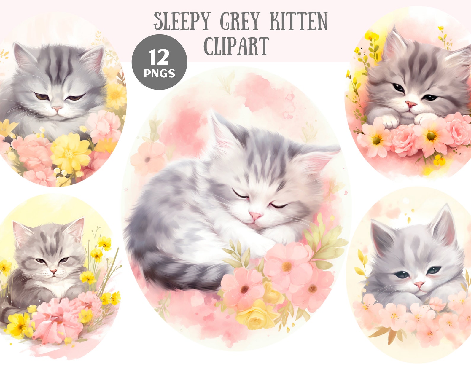 Watercolour Sleepy Grey Kitten Clipart Cute Floral Cat PNG Digital ...