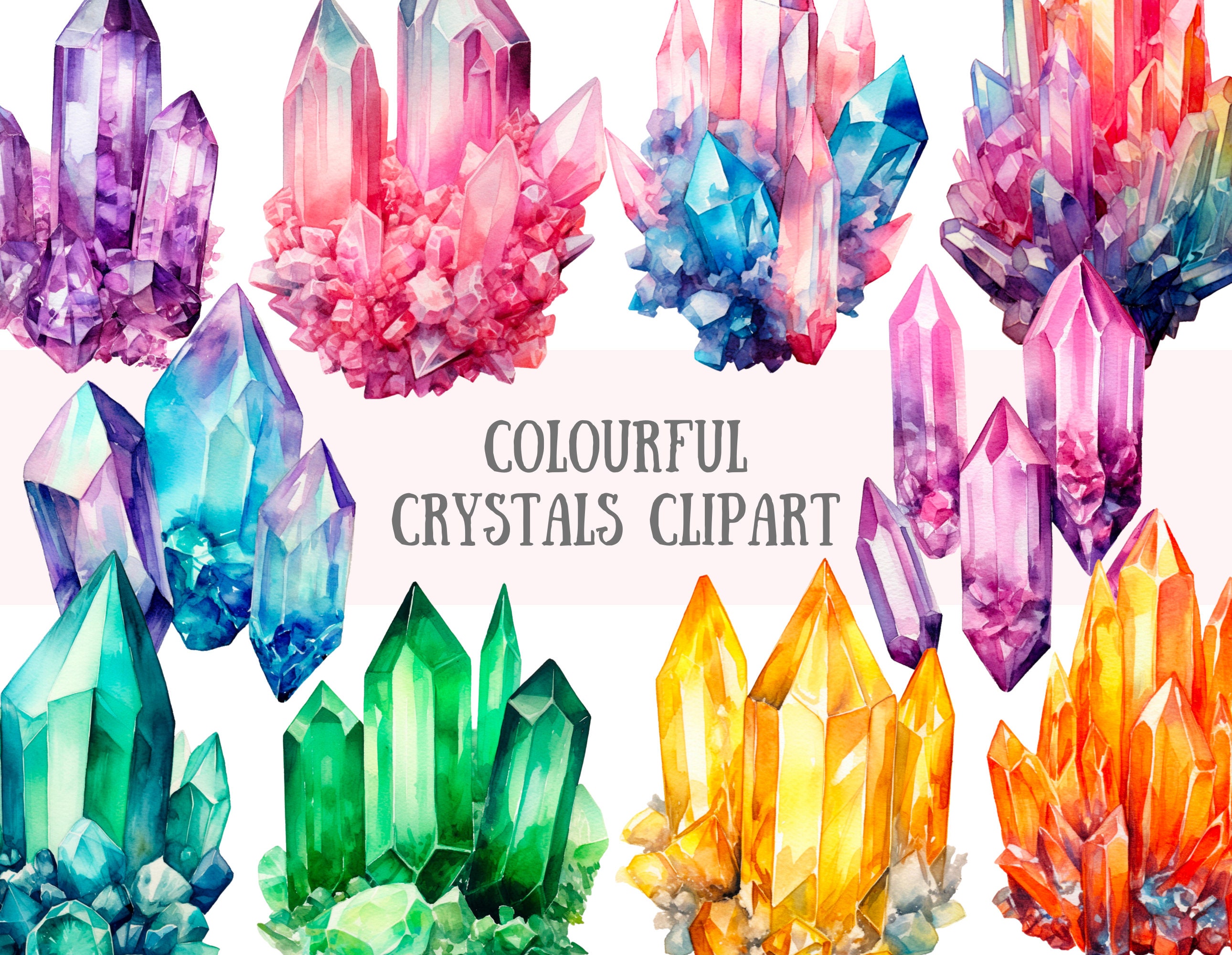 Watercolour Colourful Crystal Clipart Crystals Gemstones PNG Digital Image Downloads for Card Making Scrapbook Junk Journal Paper Crafts