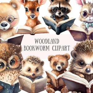 Watercolour Woodland Bookworm Clipart Animals Reading PNG Digital Image Downloads for Card Making Scrapbook Junk Journal Paper Crafts