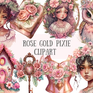 Aquarel Rose Gold Pixie Clipart - Princess Fantasy PNG Digitale afbeeldingsdownloads voor kaarten maken, plakboek, ongewenste dagboek, papierkunst