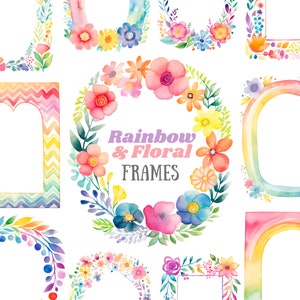 Aquarell Regenbogen und Blumen Rahmen Clipart niedlichen hellen Rahmen PNG digitales Bild Download Karte machen Scrapbook Junk Journal Papierhandwerk