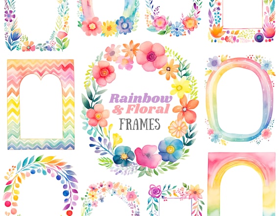 Watercolour Rainbow and Floral Frame Clipart Cute Bright Frames PNG Digital Image Download Card Making Scrapbook Junk Journal Paper Crafts