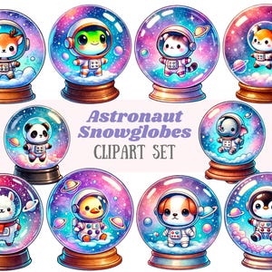 Globo de nieve de astronauta en acuarela Clipart Lindo globo de nieve de galaxia PNG Descarga de imagen digital para hacer tarjetas Álbum de recortes Diario basura Manualidades de papel