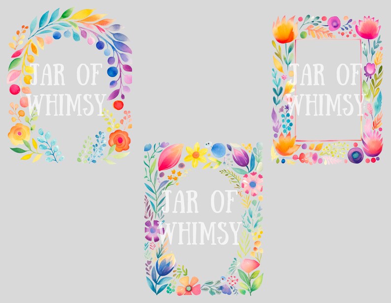 May include: Three watercolour floral frames with the text "Jar of Whimsy" in white. The frames are in different shapes and sizes, with a variety of colourful flowers and leaves.