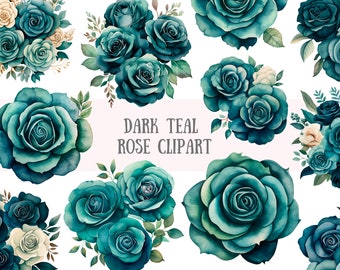 Aquarel donkere Teal Rose clipart Aqua groene bloem graphics PNG digitale afbeelding downloads voor kaart maken Scrapbook junk Journal Paper Craft