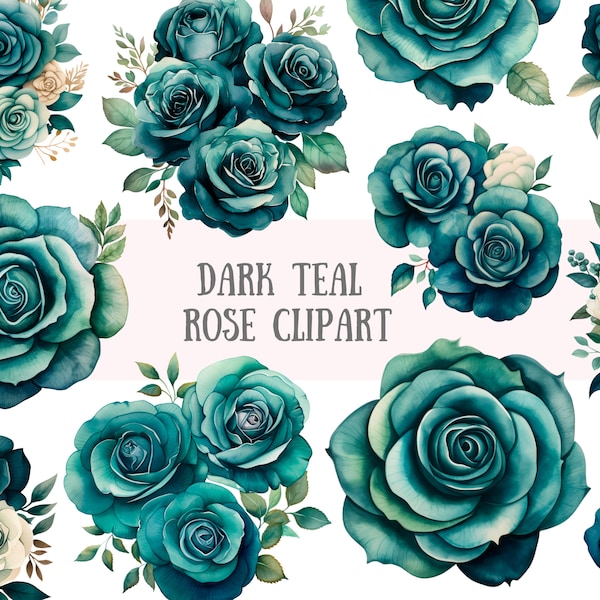 Watercolour Dark Teal Rose Clipart Aqua Green Flower Graphics PNG Digital Image Downloads for Card Making Scrapbook Junk Journal Paper Craft