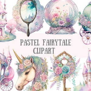 Clipart de conte de fées pastel aquarelle - téléchargements d'images numériques PNG fantastique licorne pour la fabrication de cartes, album, journal indésirable, créations en papier