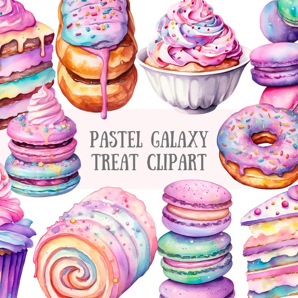 Watercolour Pastel Galaxy Treats Clipart Unicorn Aesthetic PNG Digital Image Downloads for Card Making Scrapbook Junk Journal Paper Crafts